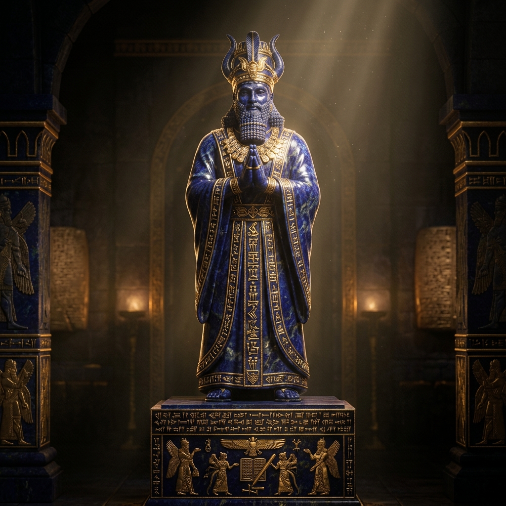 Lapis-lazuli and gold statue of Nabu, the Babylonian scribe-god, beneath a shaft of light
